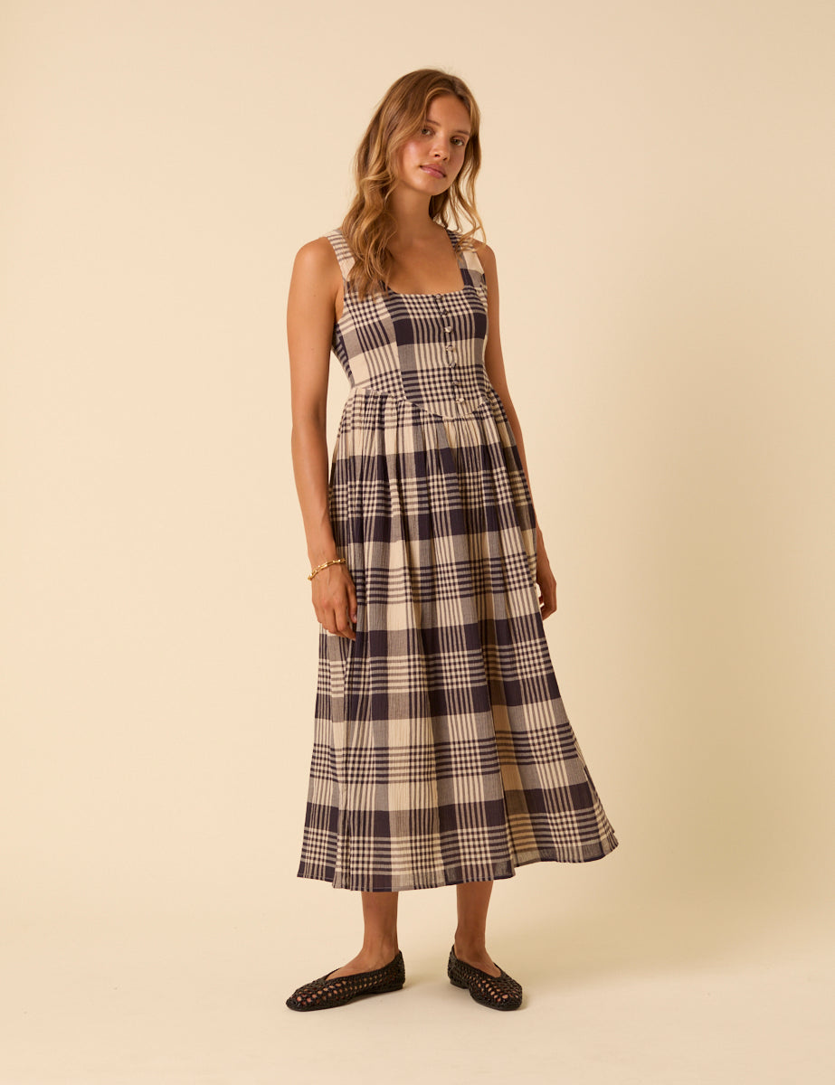 Navy and Cream Tartan Check Cora Midi Dress