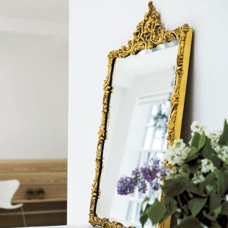 white wall with gilt mirror and flower pot