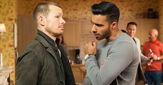 Kyle Kelly and Sami Maalik have words at the Nightingale and Maalicks Family Gathering in Hollyoaks.