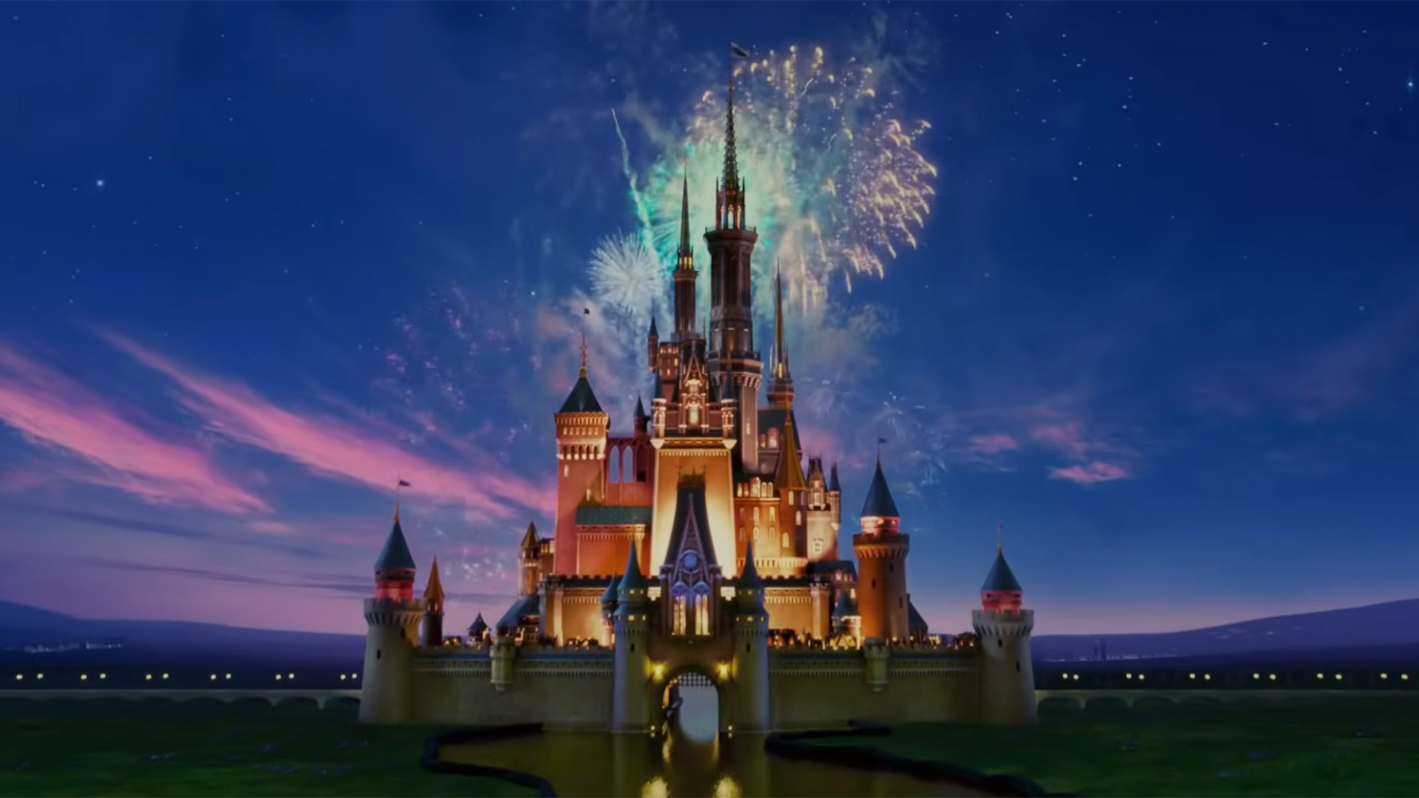 Screenshot of the Disney castle logo with fireworks in the background. 