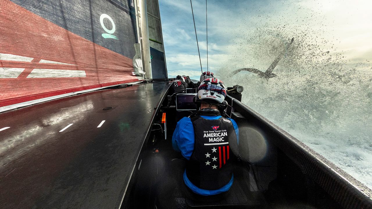 American Magic&#039;s Patriot race yacht in action