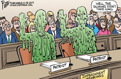 Political Cartoon U.S. Trump Impeachment Hearings Slimed Witnesses
