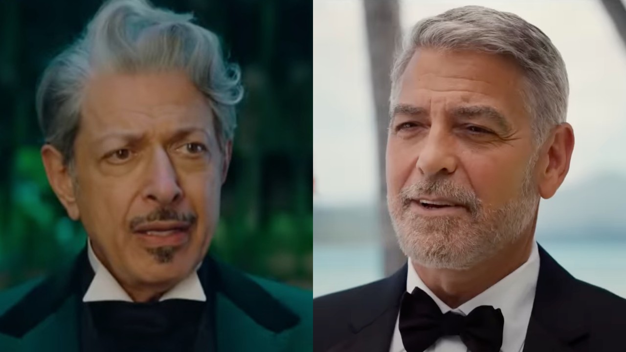 Side by side of Jeff Goldblum in Wicked looking surprised and George Clooney in Ticket to Paradise looking calm talking to someone.