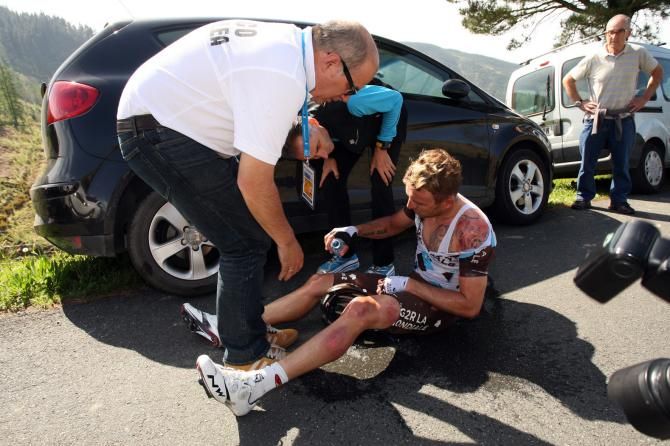 Rinaldo Nocentini (Ag2r-La Mondiale) after hitting the deck