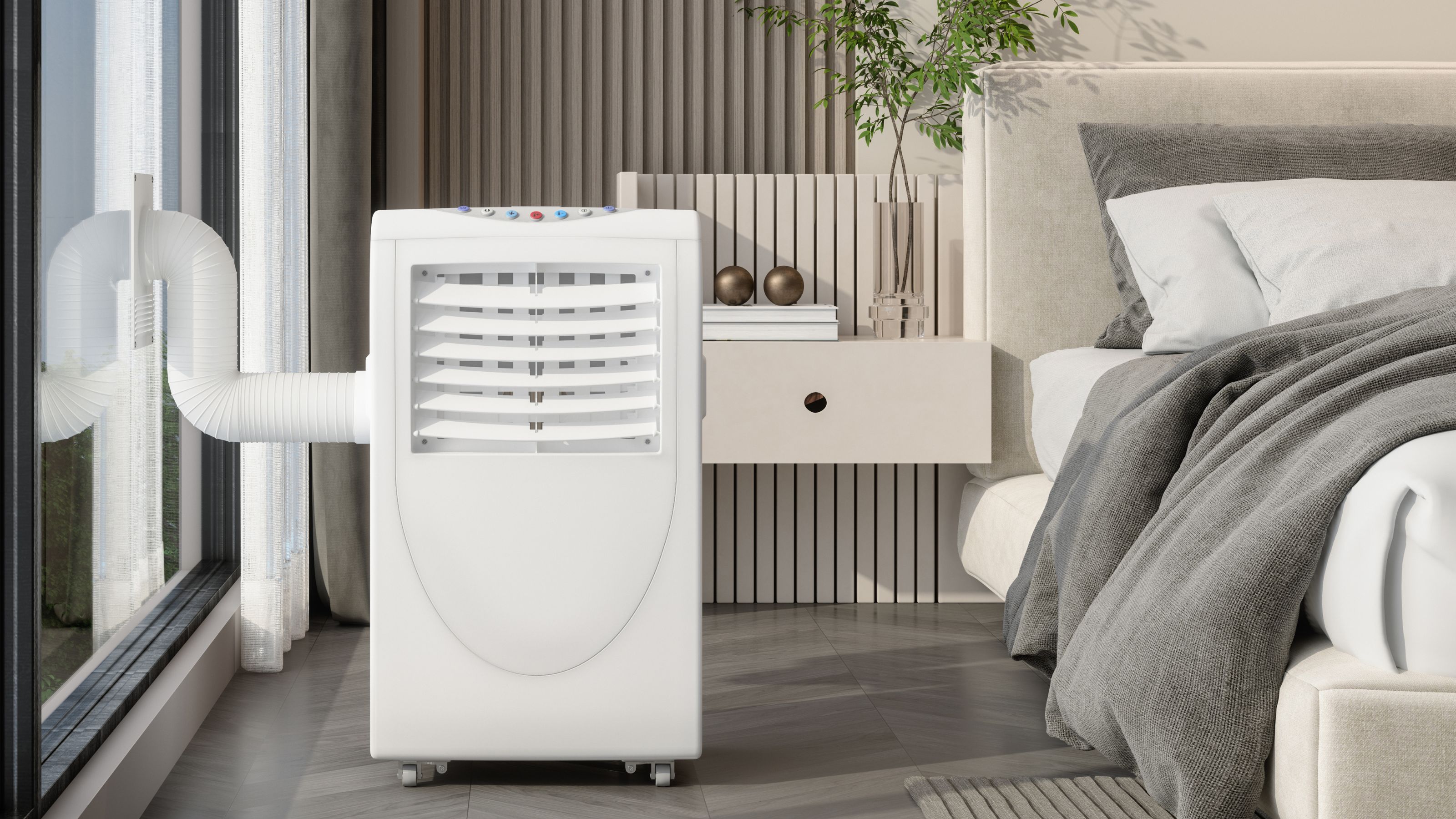 Portable air conditioner in a bedroom vented out of a large window