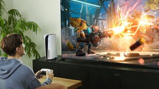 Sony TV connected to PS5 with Ratchet & Clack on the screen 