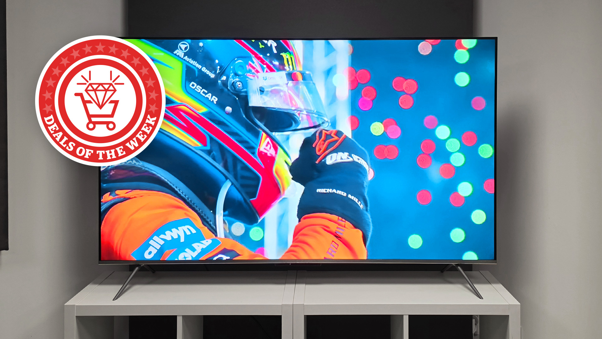 An image of the Amazon Ember QLED with Fire TV with the deals of the week logo overlaid