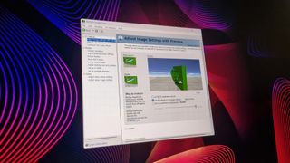 The Nvidia control panel on a pink and purple desktop background