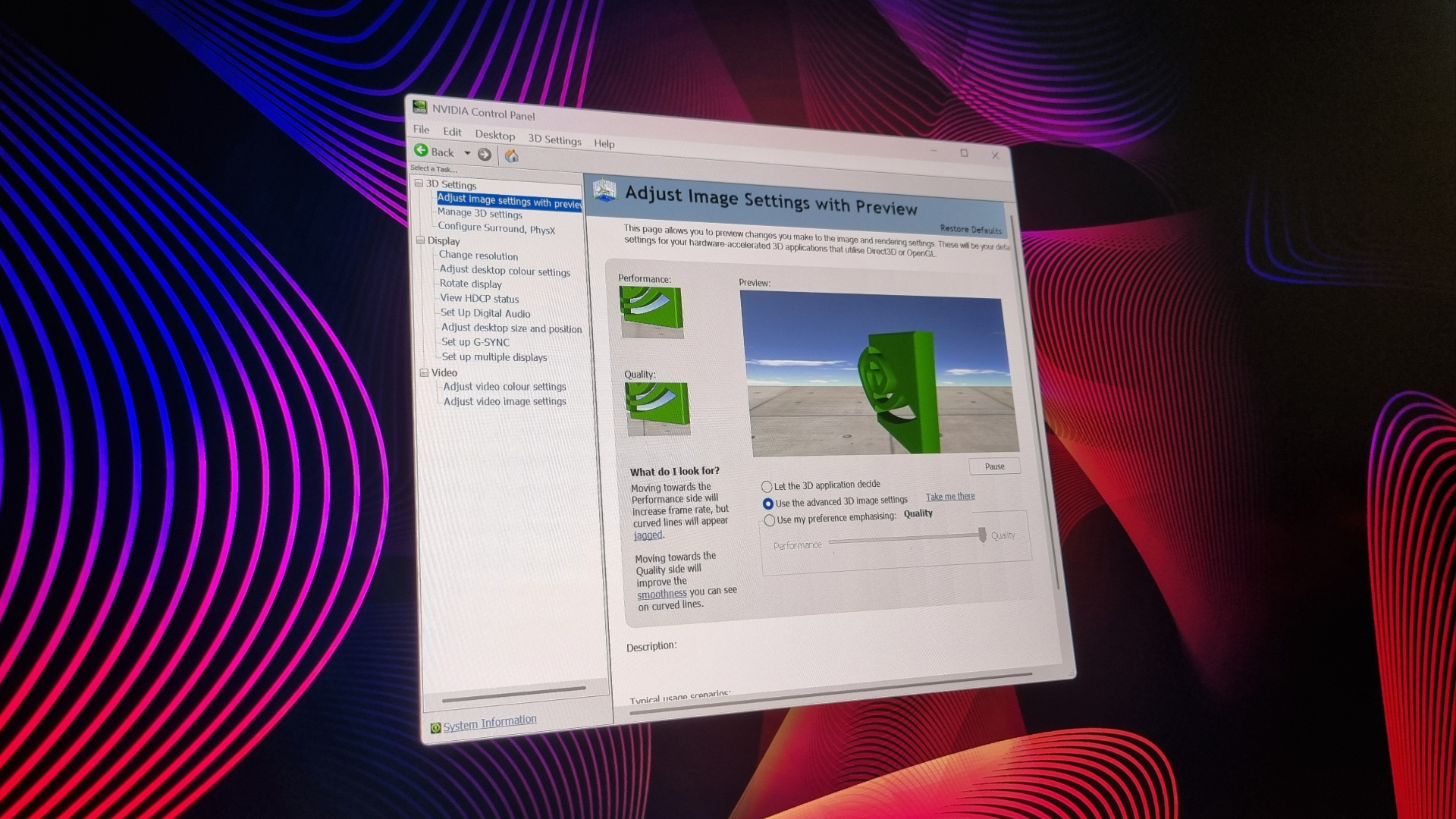 The Nvidia control panel on a pink and purple desktop background