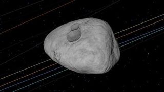 a close-up illustration of an asteroid showing a double crater at the top