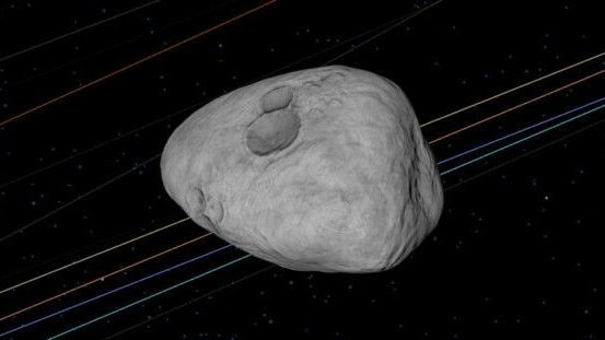 a close-up illustration of an asteroid showing a double crater at the top