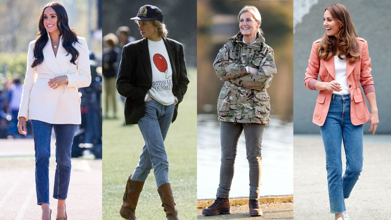 Royals wearing denim (L-R): Meghan Markle, Princess Diana, Sophie Wessex, Kate Middleton