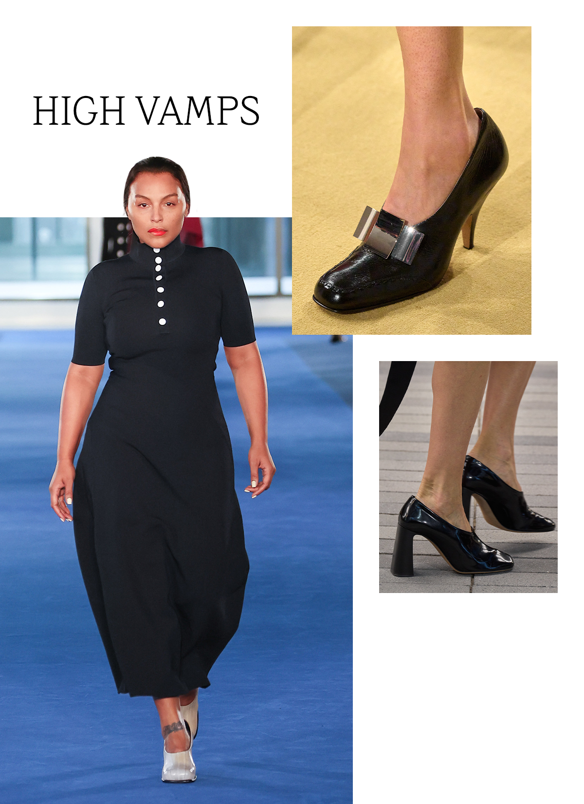 A slide showcasing the fall/winter 2026 high-vamp pump shoe trend with the title, "High Vamps," on it. Models at Tory Burch, Proenza Schouler, and Calvin Klein are featured.