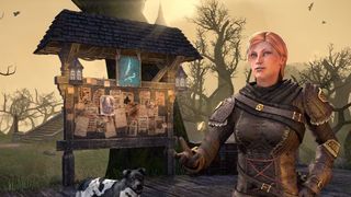 An elf or something in armor in front of a message board