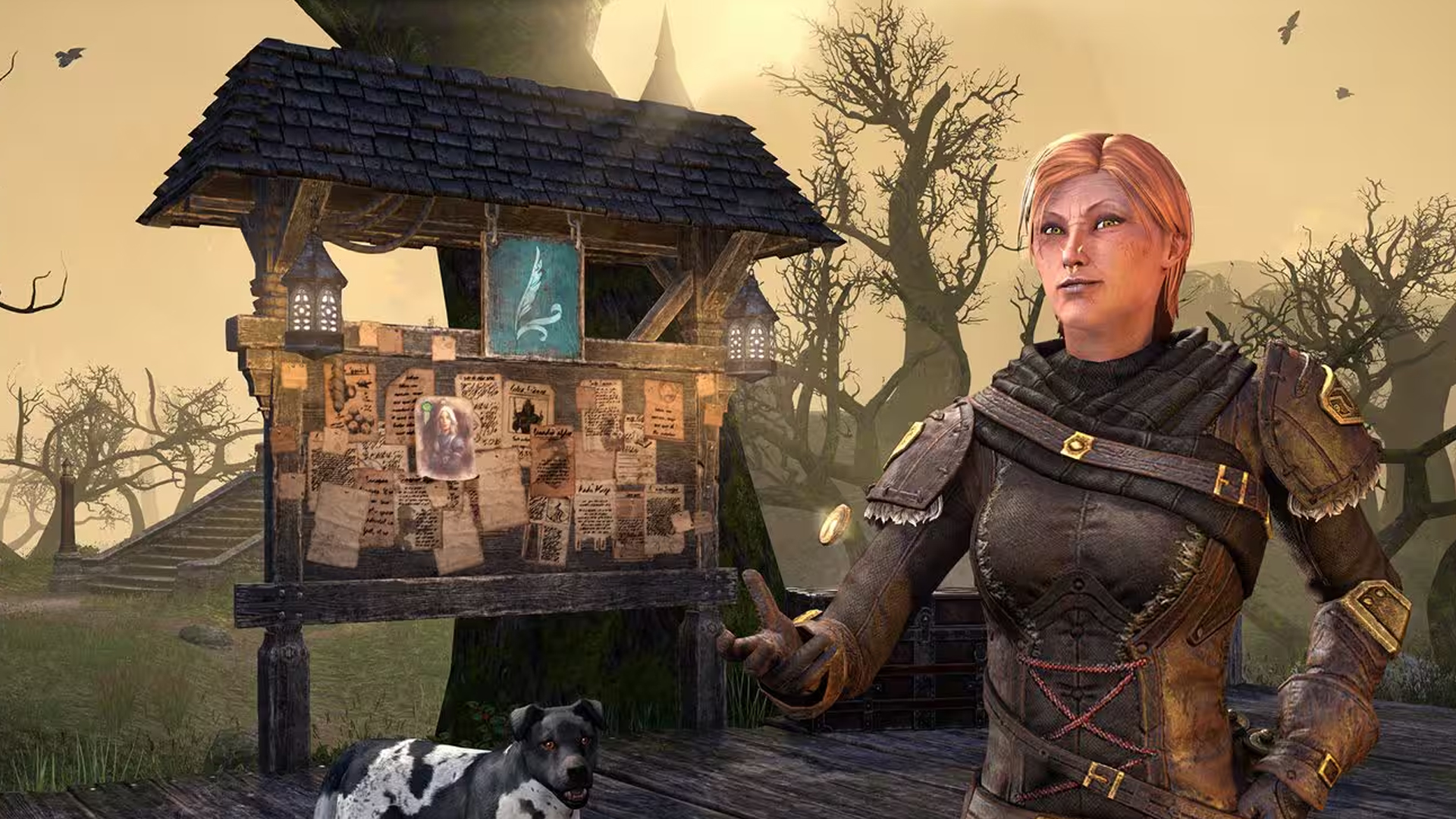 An elf or something in armor in front of a message board