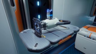 Subnautica 2 mining: A Sonic Resonator on a table inside a pristine base.