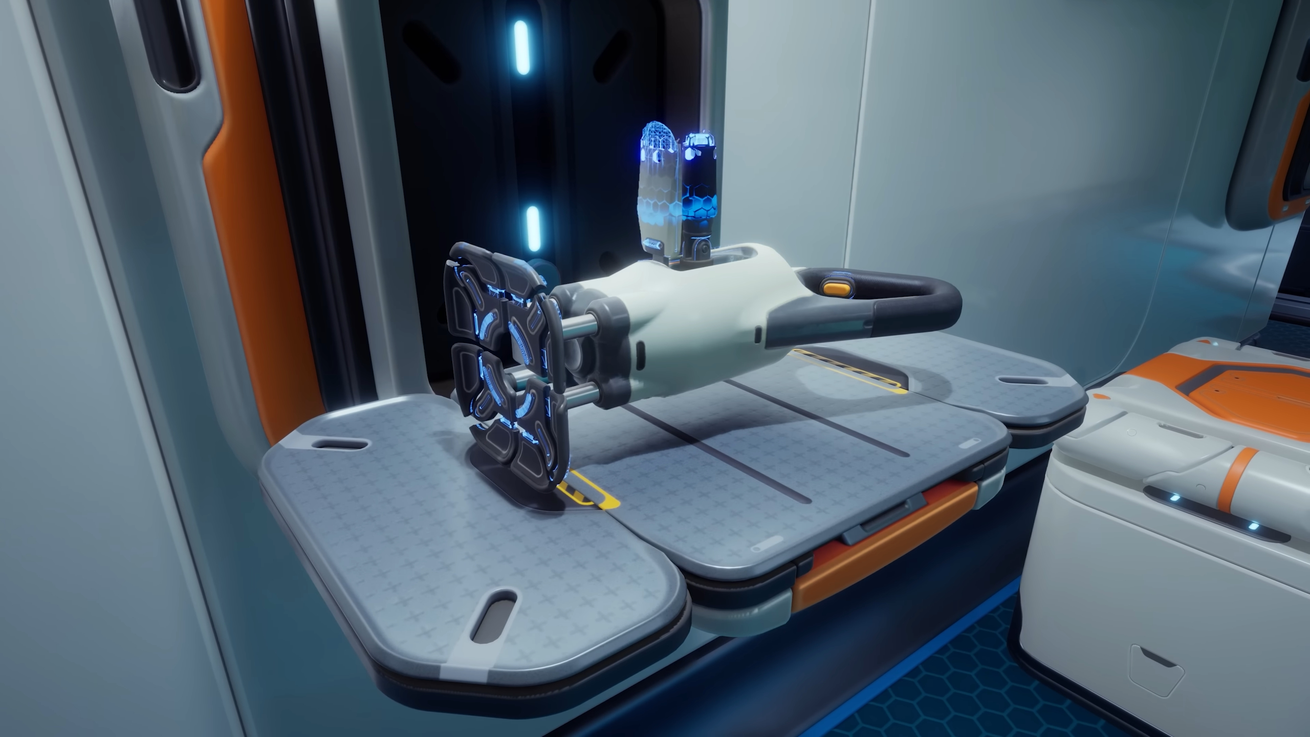 Subnautica 2 mining: A Sonic Resonator on a table inside a pristine base.