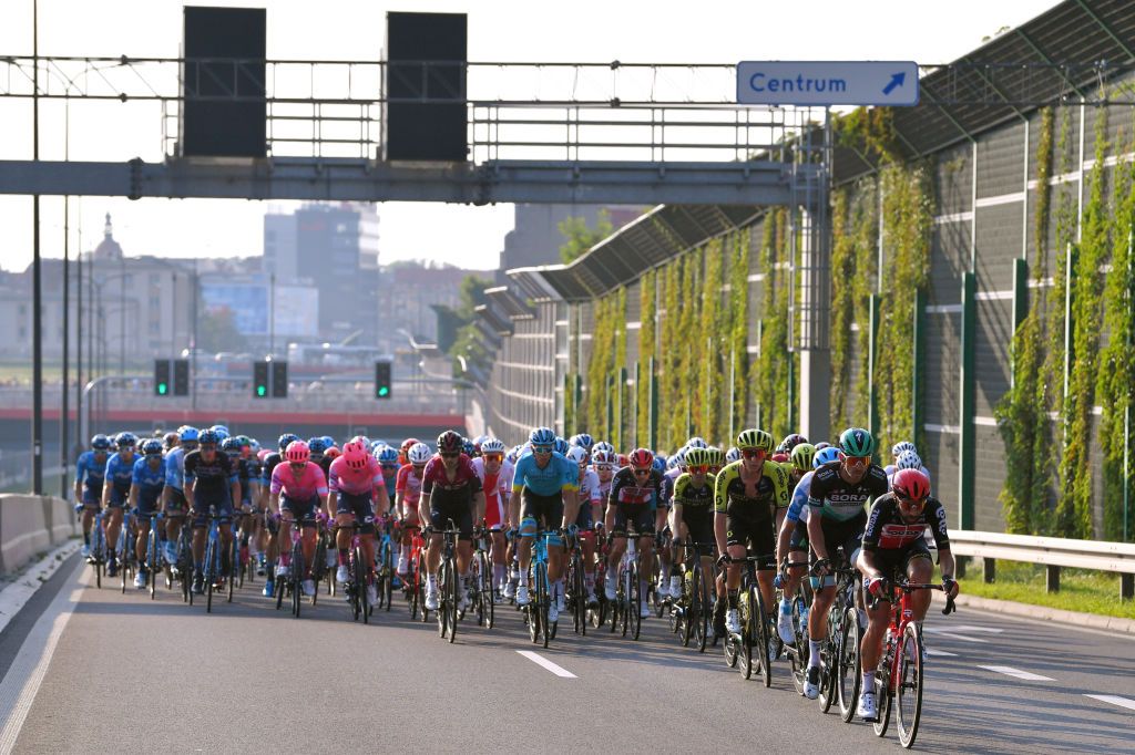 Thomas De Gendt of Team Lotto Soudal leads peloton entering Zabrze, Poland.