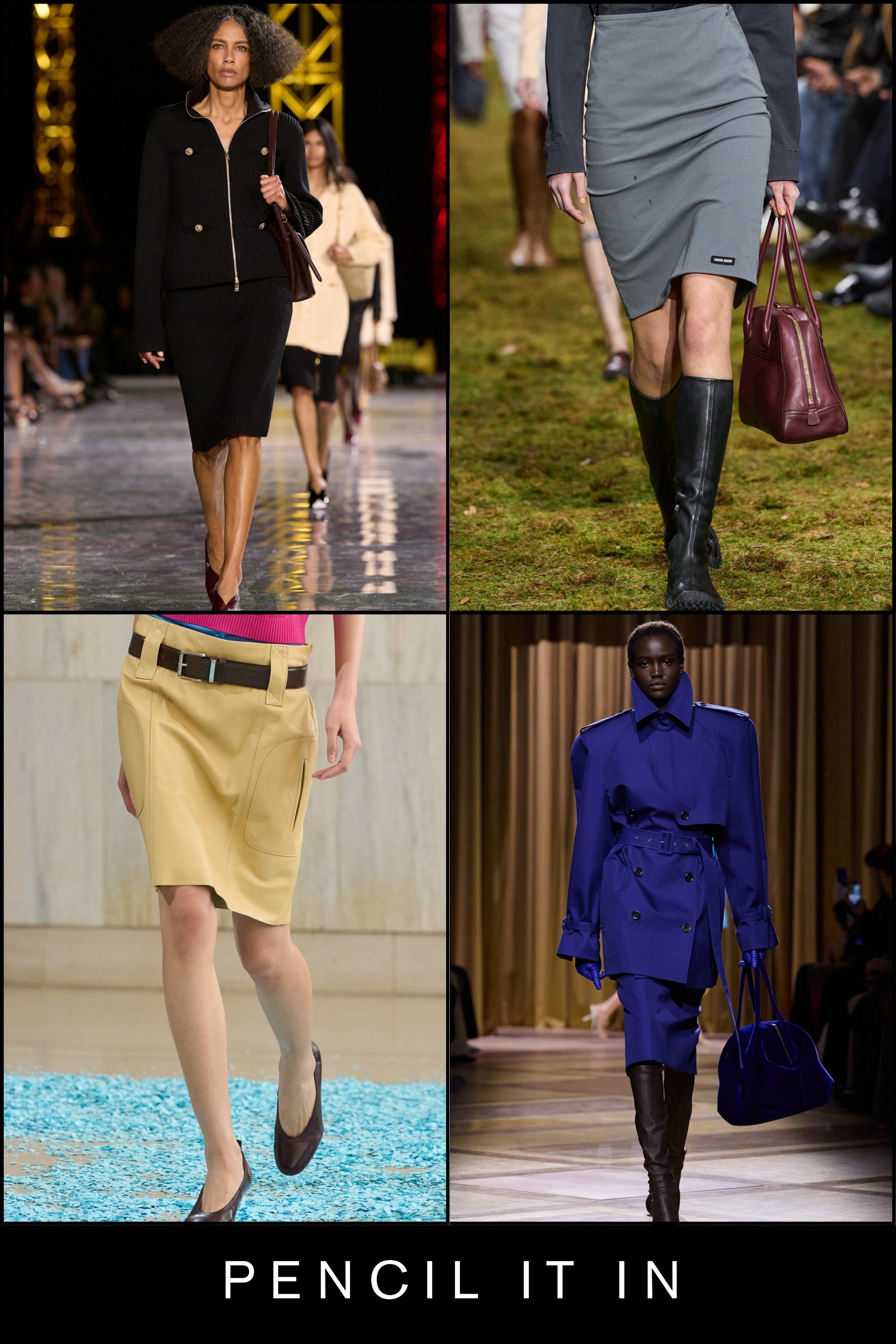 Anti-trouser trends: collage of pencil skirts on the Chanel, Prada, Paloma Wool, Mugler runways