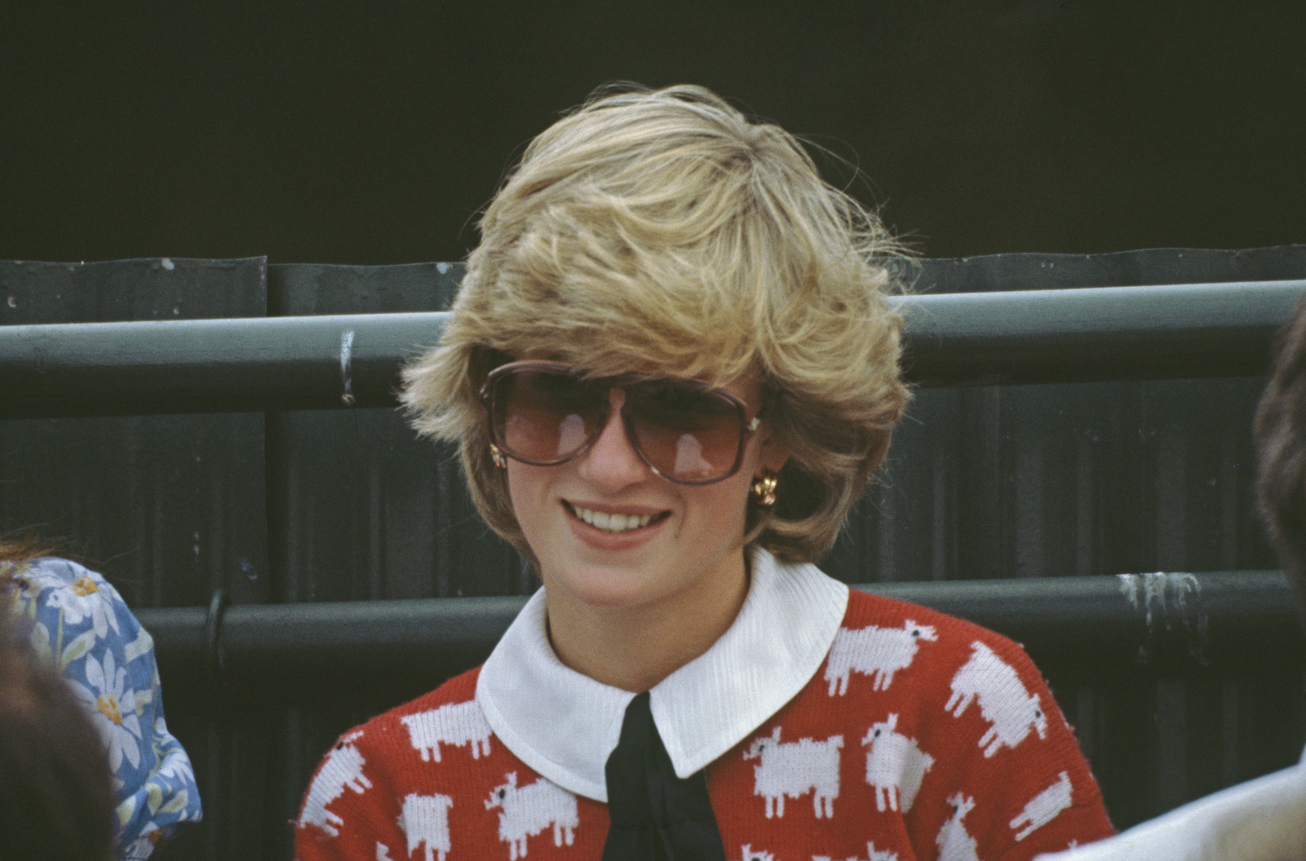 Princess Diana wearing sunglasses and a red sheep sweater
