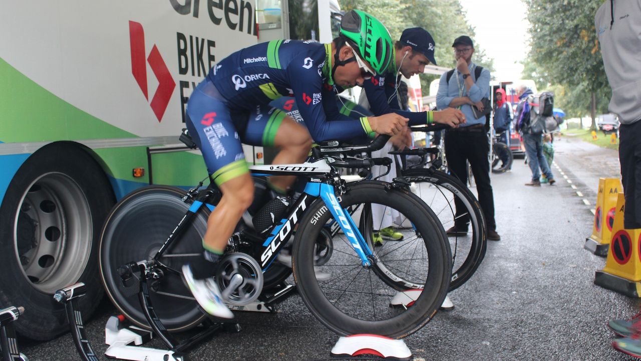 Caleb Ewan warms up ahead of his TT effort aboard a Scott Plasma