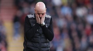 Erik ten Hag reacts during Manchester United's 2-2 draw against Bournemouth in April 2024.