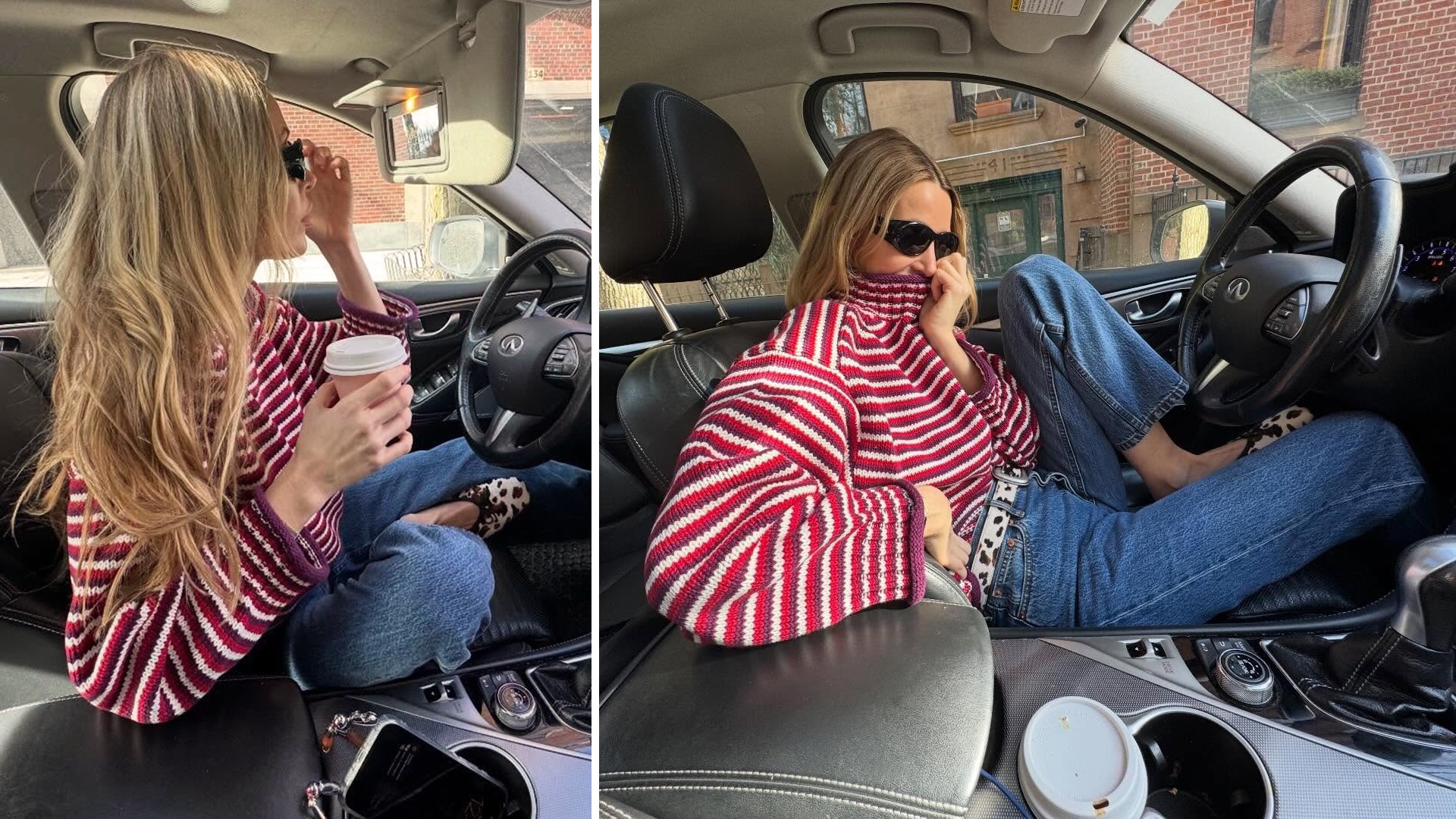 NYC style influencer Courtney Grow poses in a car wearing chic pieces from J.Crew like a striped sweater, animal-print belt, jeans, and animal-print ballet flats