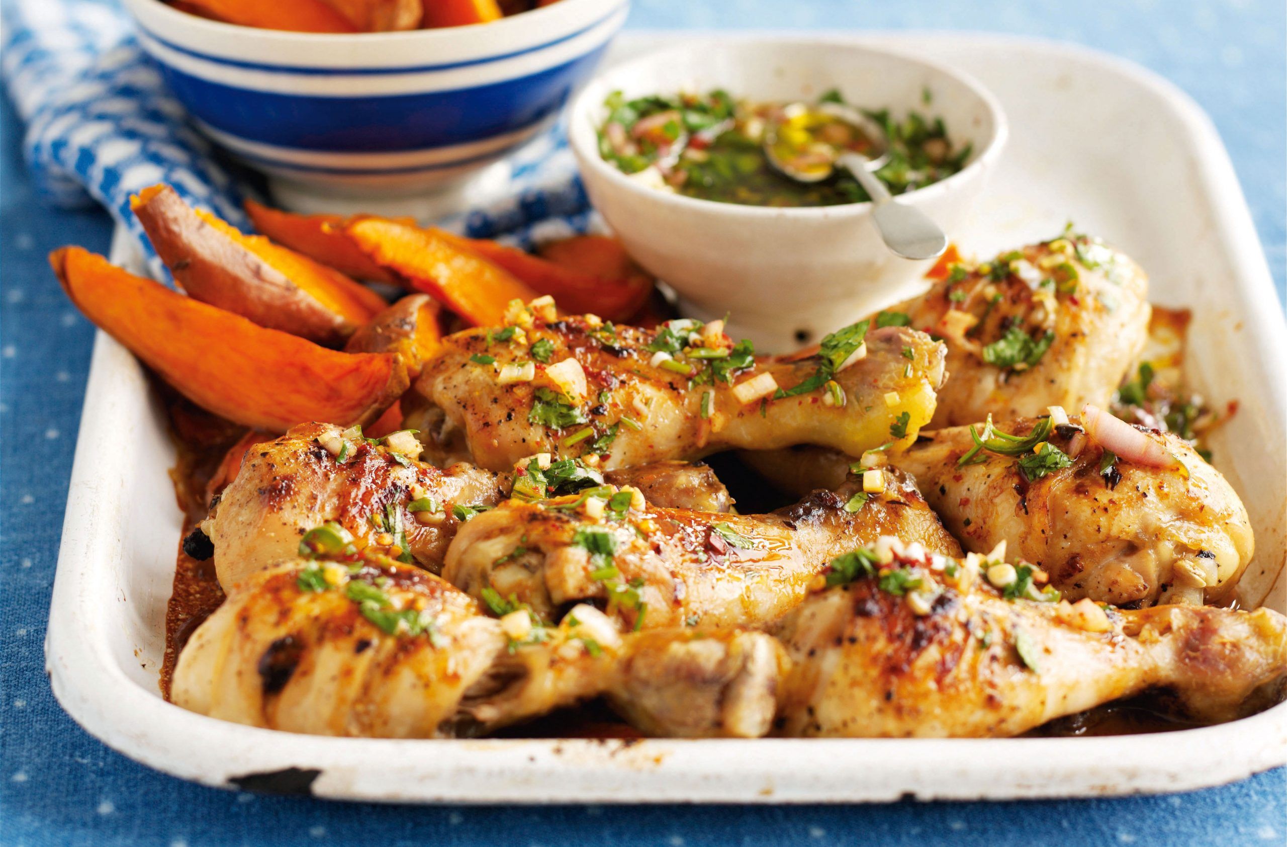 Chicken drumsticks with sweet potato wedges and chimichurri recipe