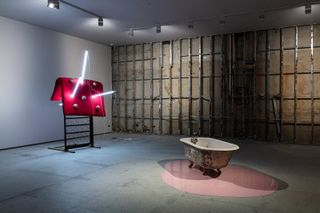 Old bathtub and red sculpture with light up attachments