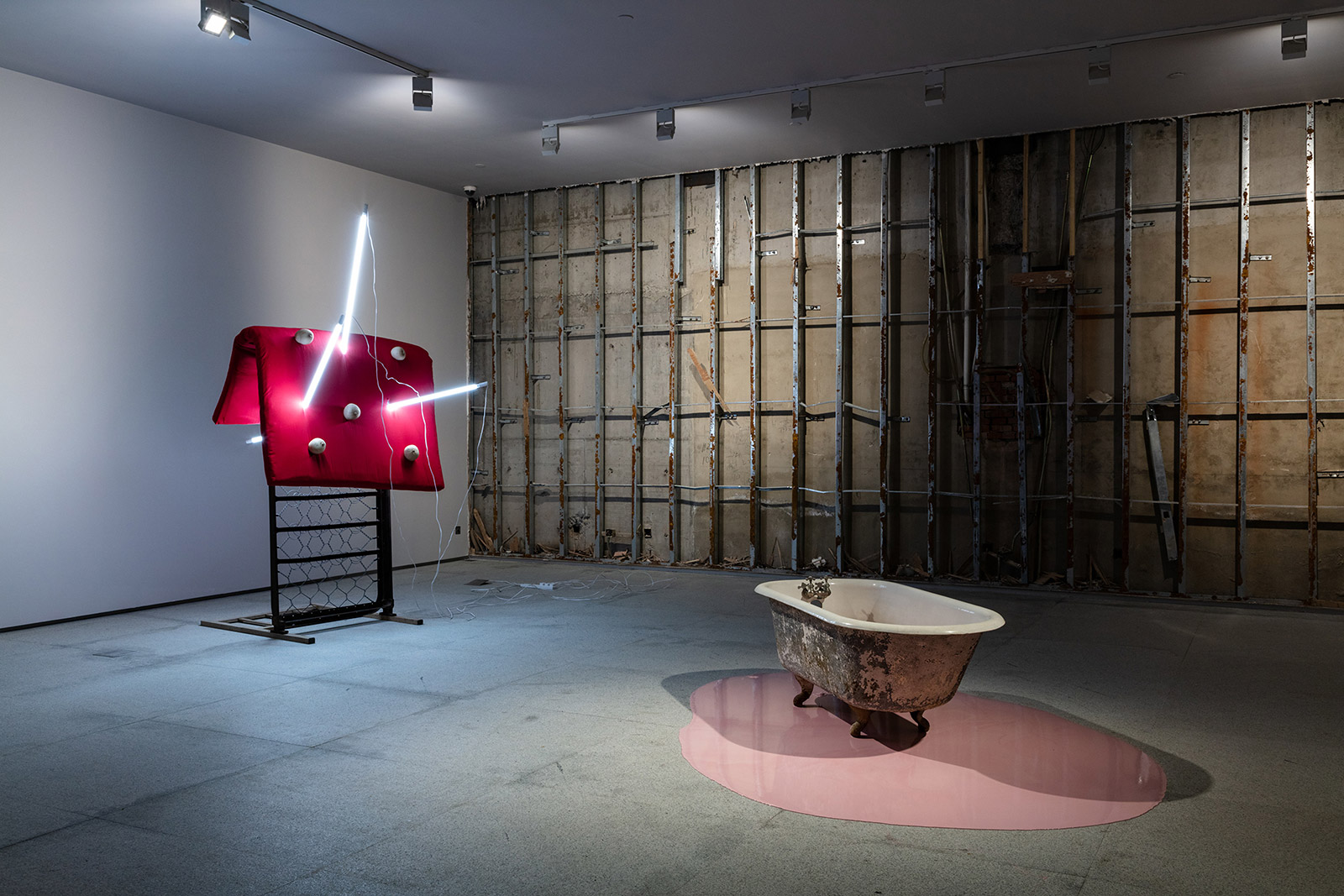 Old bathtub and red sculpture with light up attachments