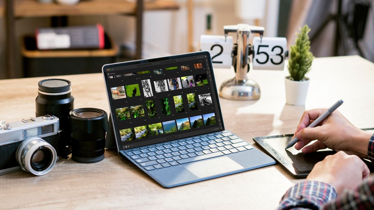 man at laptop organizing image library