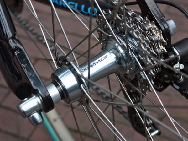 The rear wheel uses Shimano's faster-engaging Dura-Ace 7950 internals.