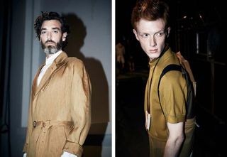 2 male models in brown & tan clothing