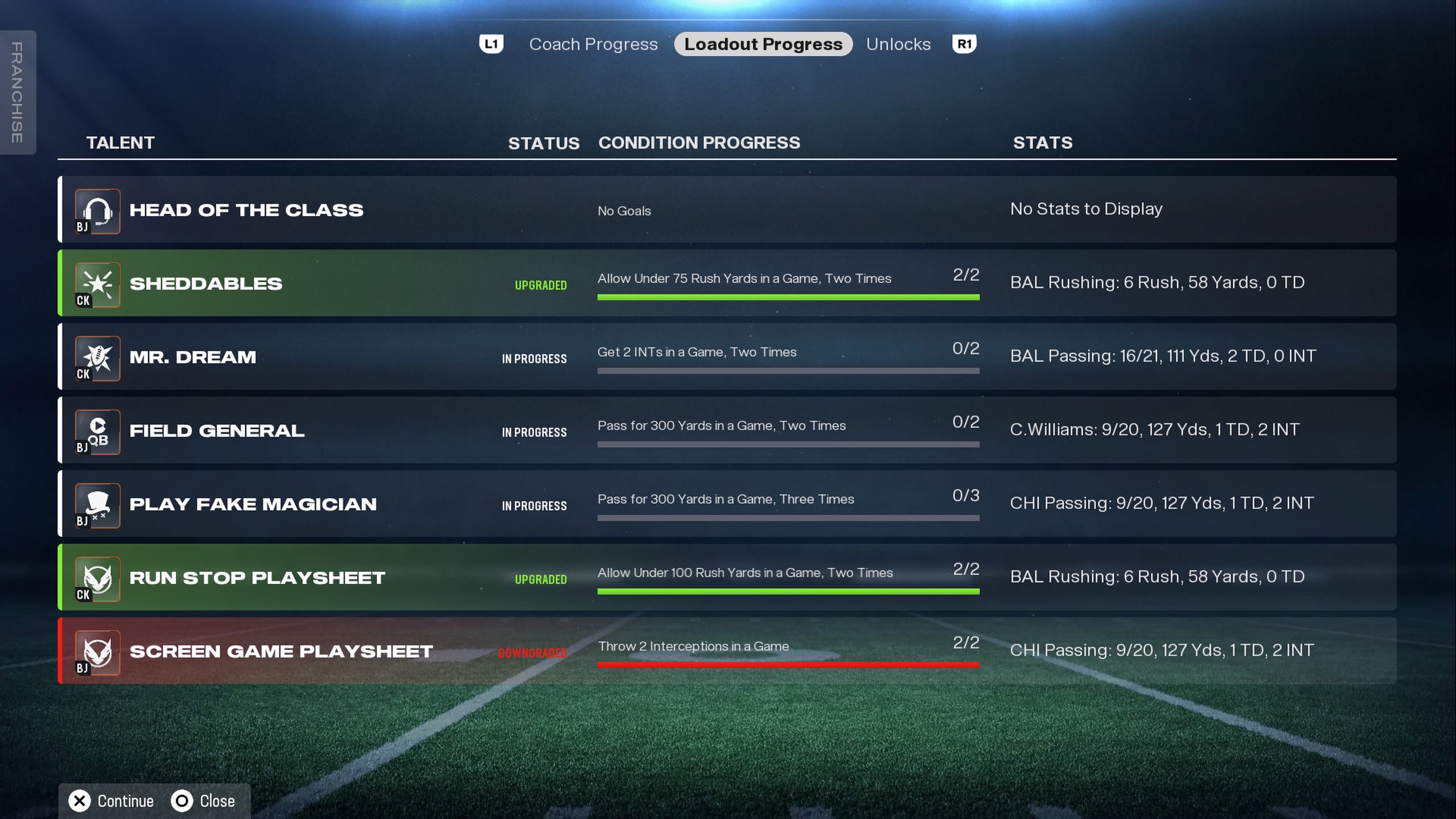 Madden 26 coach and loadout progress in a Bears franchise save