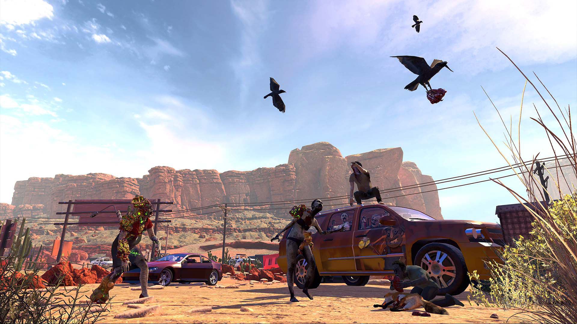 En skärmdump från Arizona Sunshine från en ökenmiljö med ett gäng bilar, zombier och fåglar