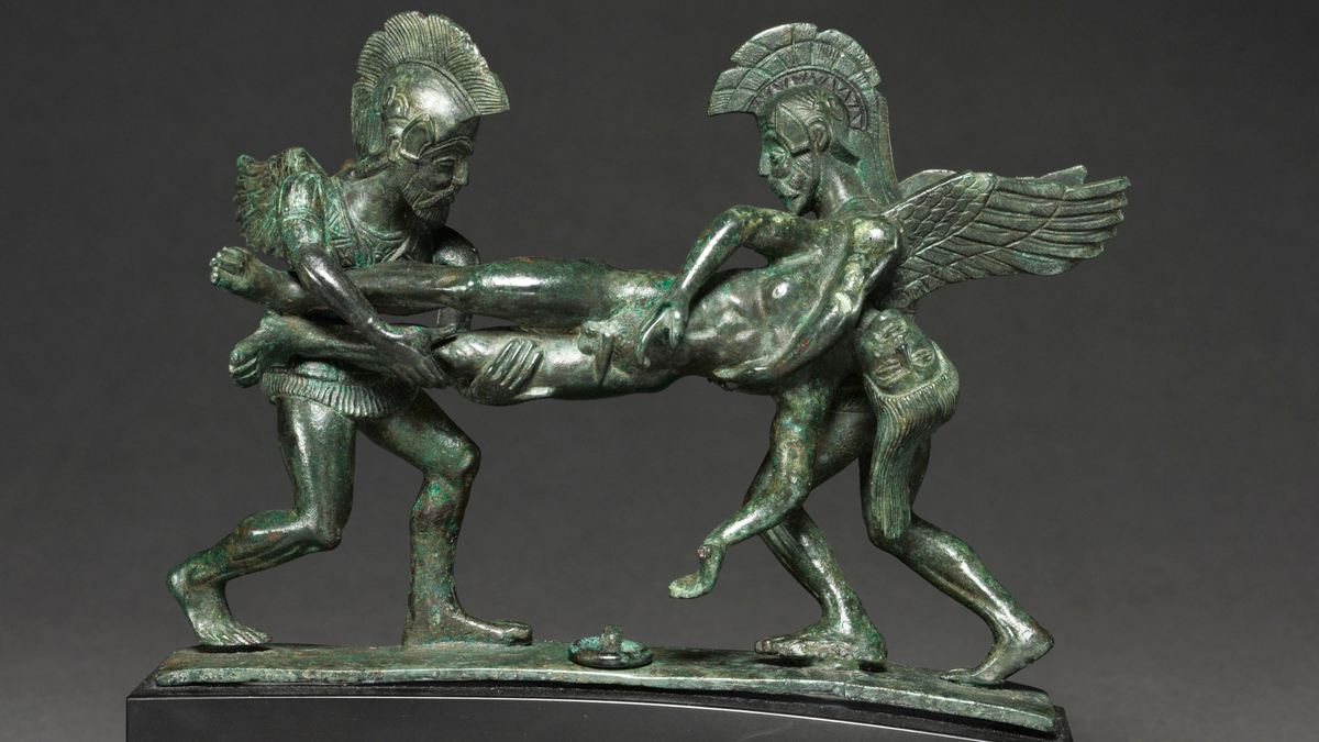 Sleep and Death cista handle: A 2,400-year-old sculpture depicting gods carrying away Zeus' son during the Trojan War