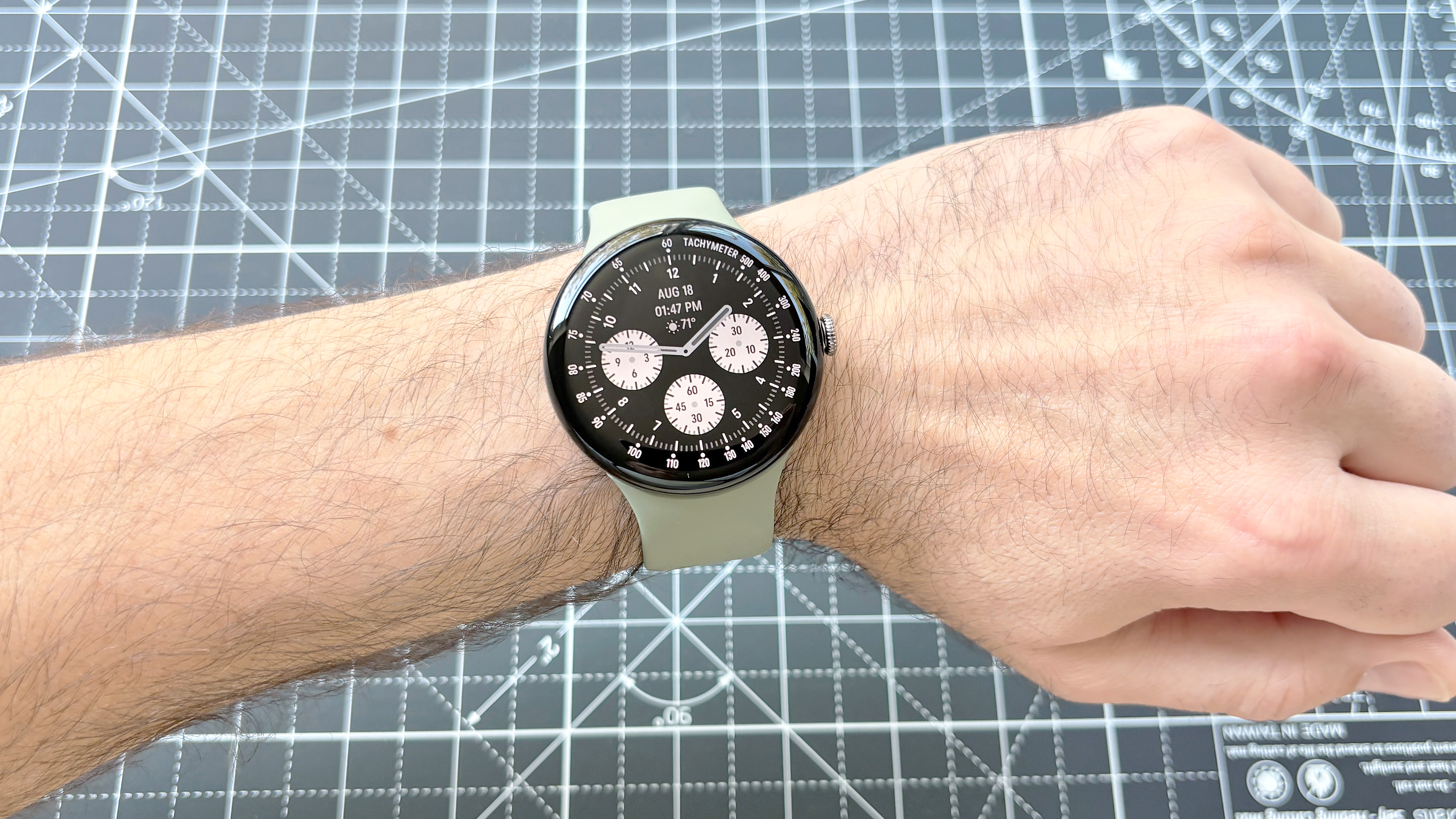 Close-up of the Pixel Watch 5 on the reviewers' wrist