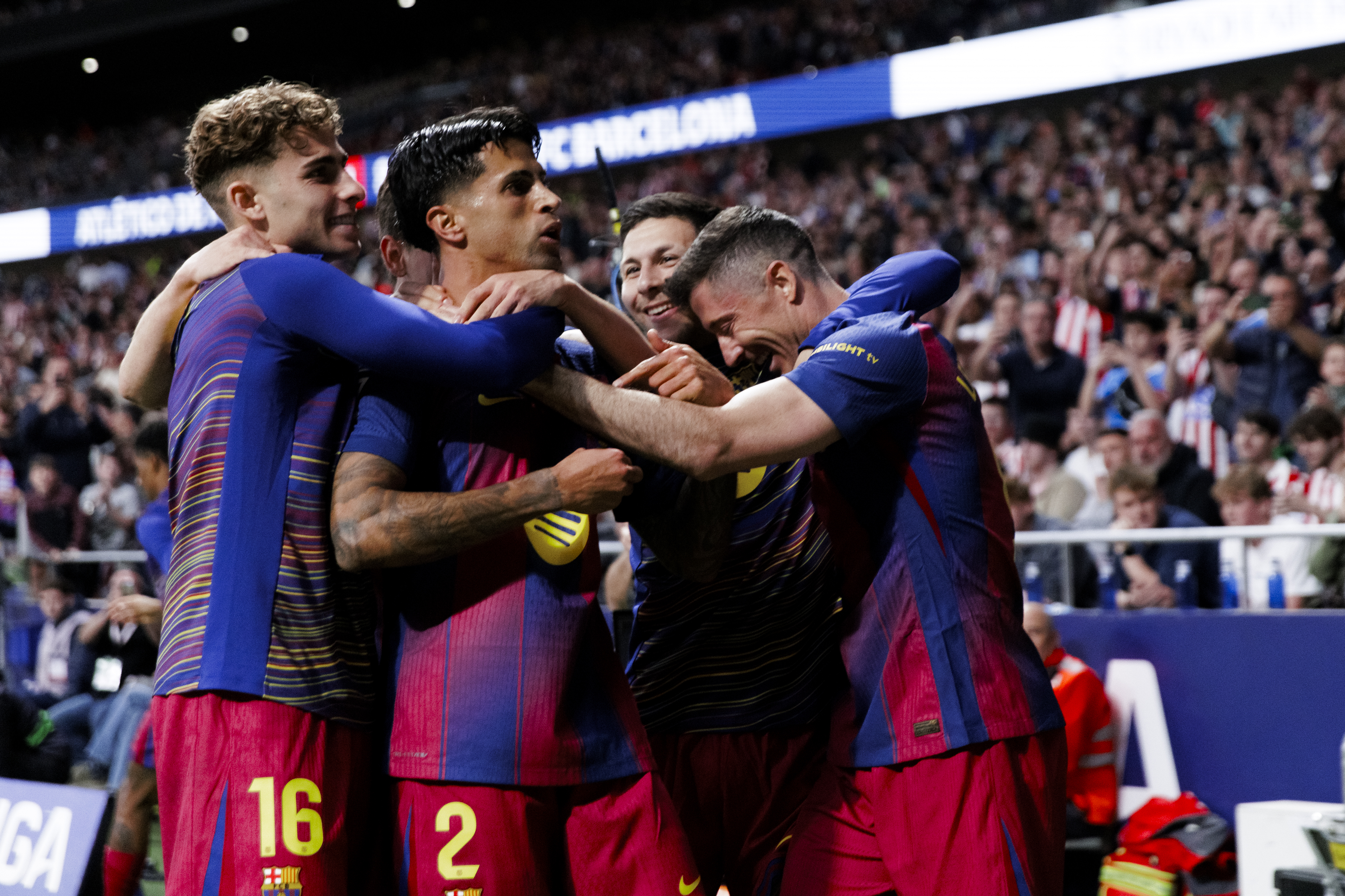 Barcelona players celebrate a goal during the La Liga 2025/26 match between Atletico de Madrid and F.C. Barcelona at Riyadh Air Metropolitano Stadium in Madrid, Spain, on April 4, 2026.  (Photo by Guillermo Martinez/NurPhoto)
