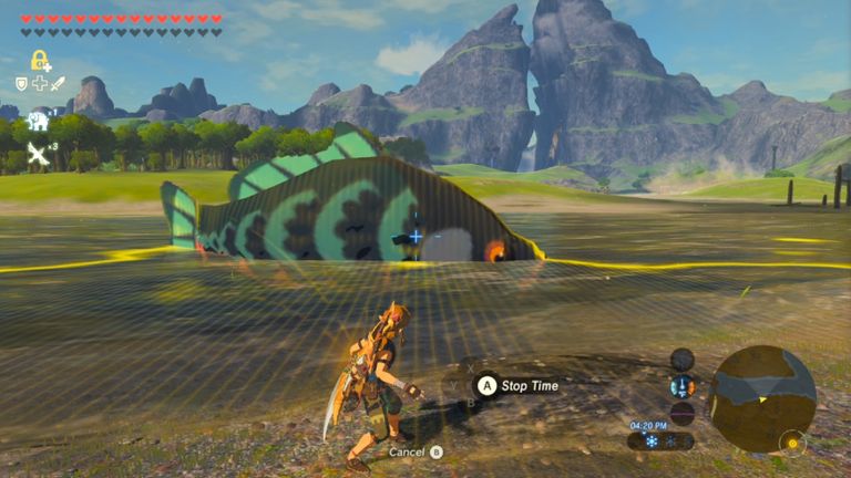 Link standing in front of a giant fish in Zelda Breath of the Wild
