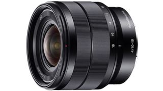 Sony E 10-18mm f/4 OSS camera lens on a white background