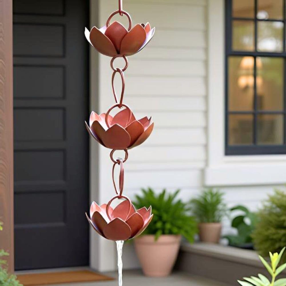 Gold &amp;amp; Garden Copper Finish Lotus Rain Chain With Bird Bath, Rust Proof Iron, 5ft Long, 12 Inch Basin, Decorative Gutter Downspout Replacement (rain Chain)