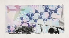 Photo collage of a plane refuelling and a hydrocarbon molecule