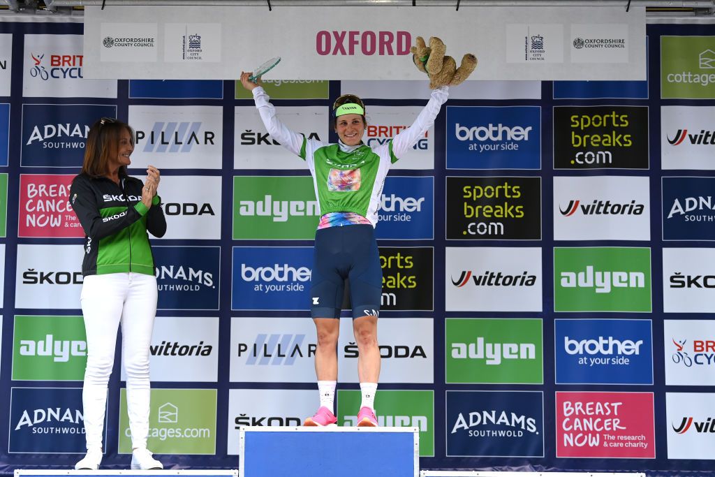 OXFORD ENGLAND JUNE 11 Elise Chabbey of Switzerland and Team CanyonSram Racing green queen of the mountains jersey celebrates at podium after the 8th The Womens Tour 2022 Stage 6 a 1429km stage from Chipping Norton to Oxford WomensTour UCIWWT on June 11 2022 in Oxford England Photo by Justin SetterfieldGetty Images