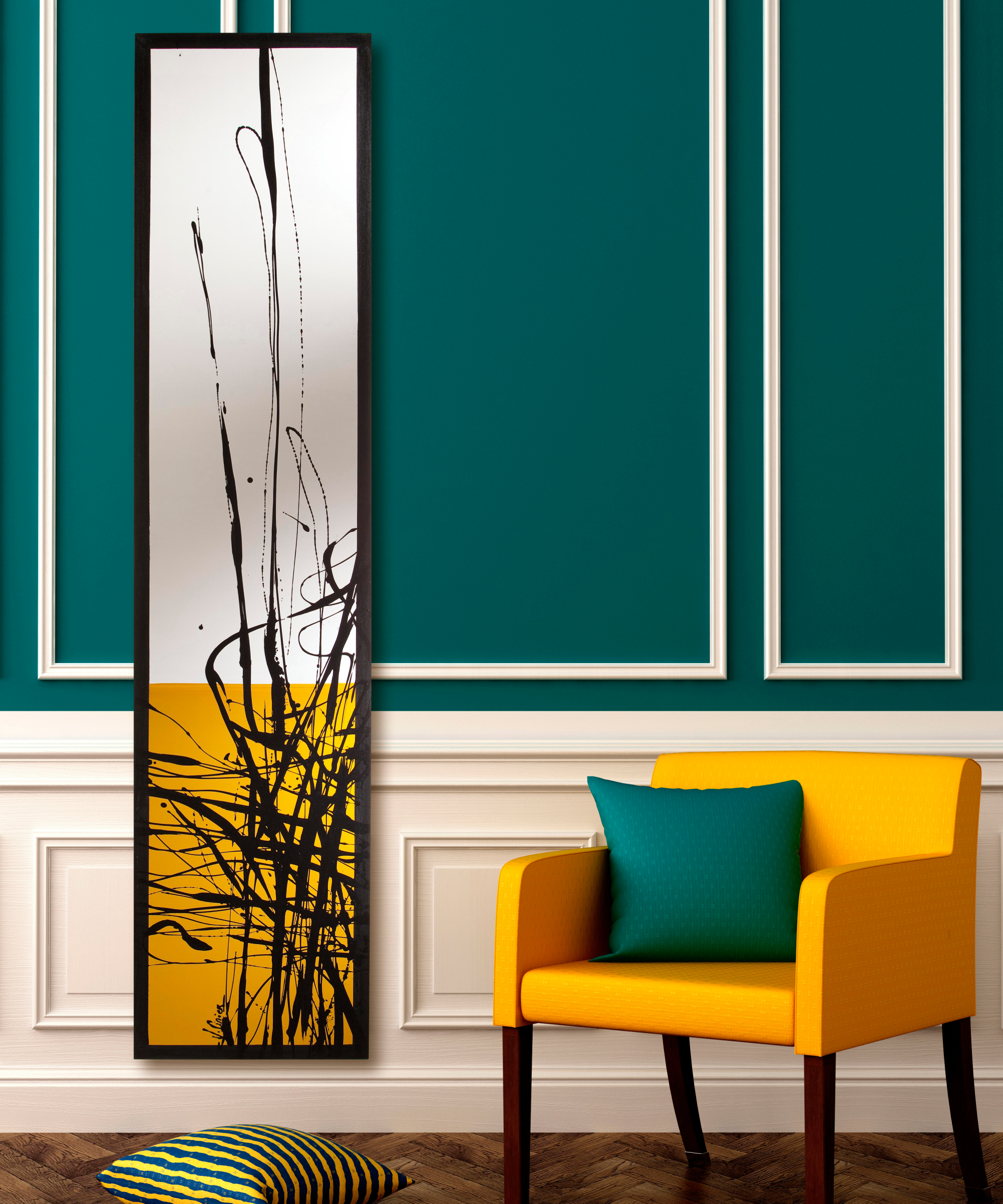 tall vertical radiator panel with abstract black, yellow and white design on front, mounted on green and white panelled wall with yellow chair next to radiator