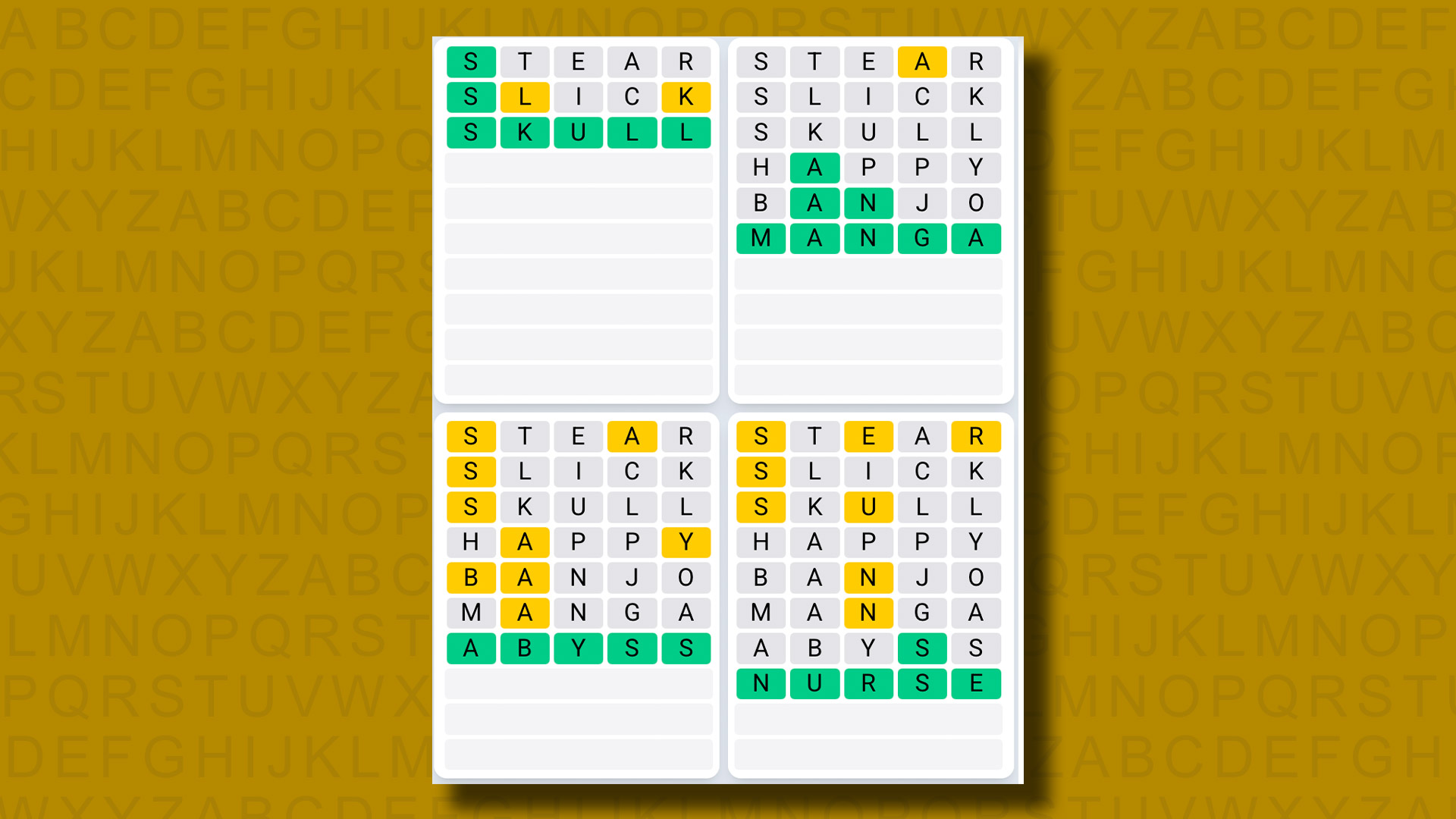 Quordle Daily Sequence answers for game 1232 on a yellow background