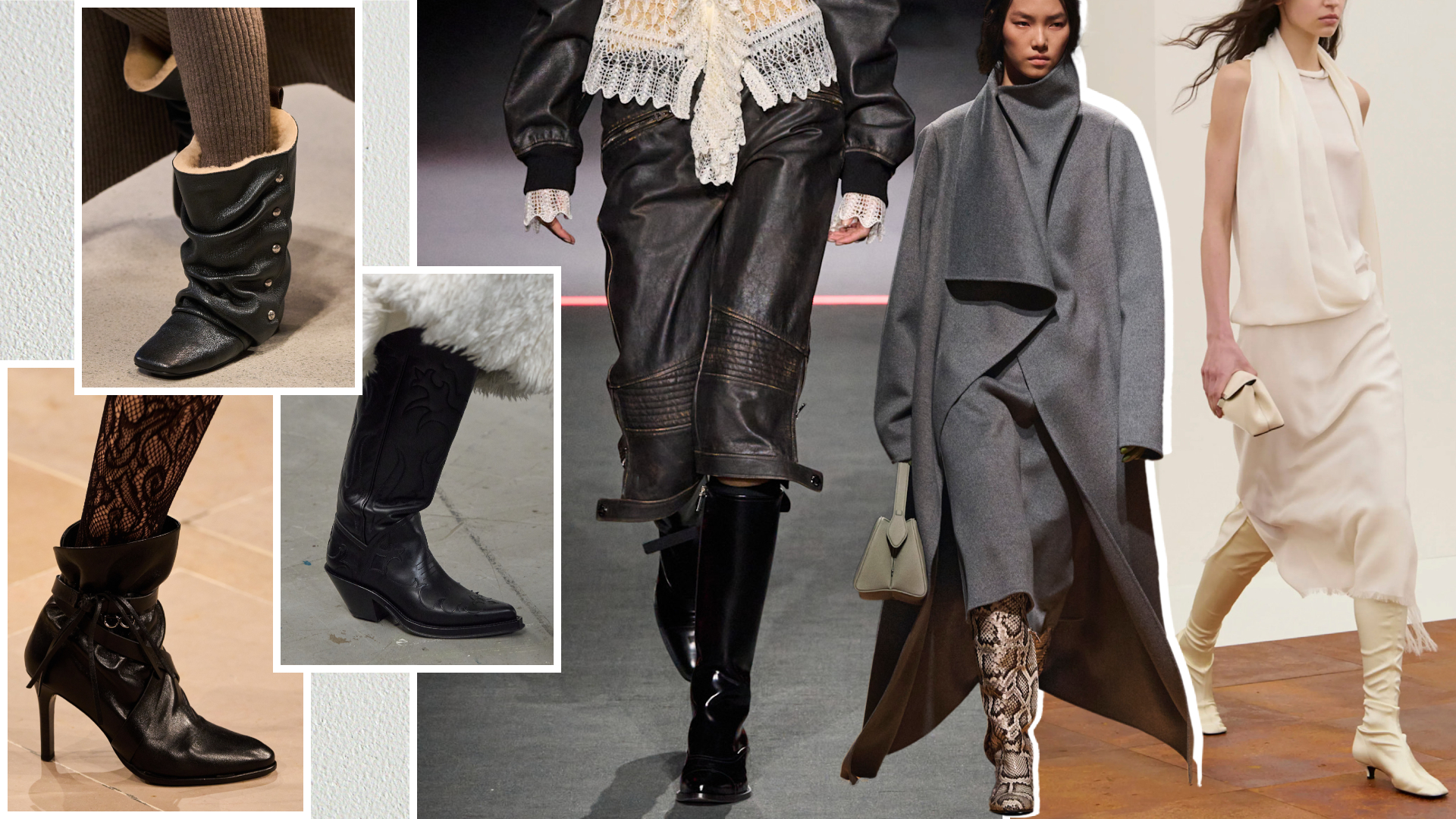 fall 2025 boot trends collage from Louis Vuitton, Isabel Marant, Gabriela Hearst, Dior, Khaite, and Toteme