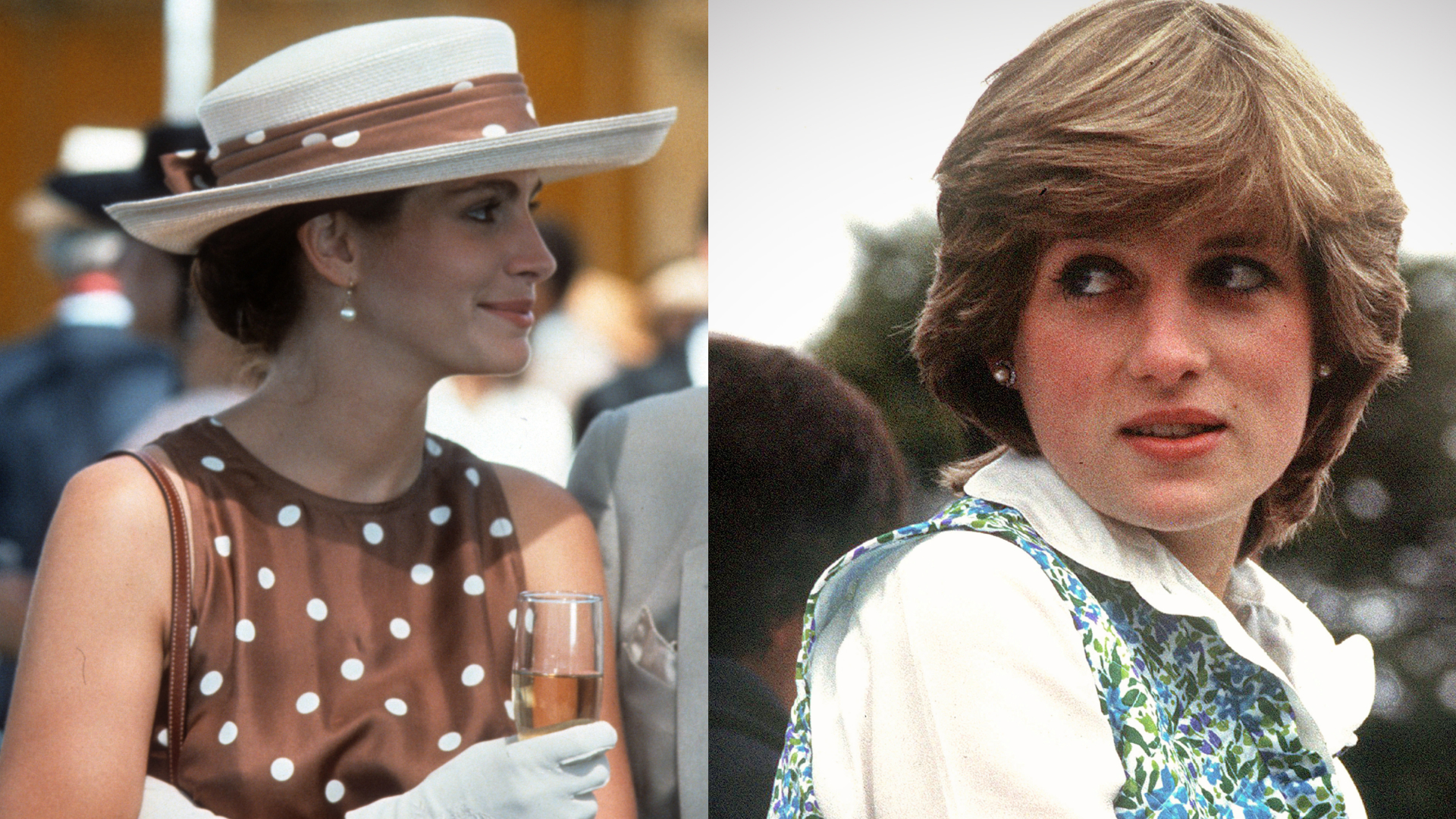 Julia Roberts wearing a brown polka dot dress and hat in Pretty Woman next to a photo of Lady Diana Spencer wearing a white shirt with a blue floral vest