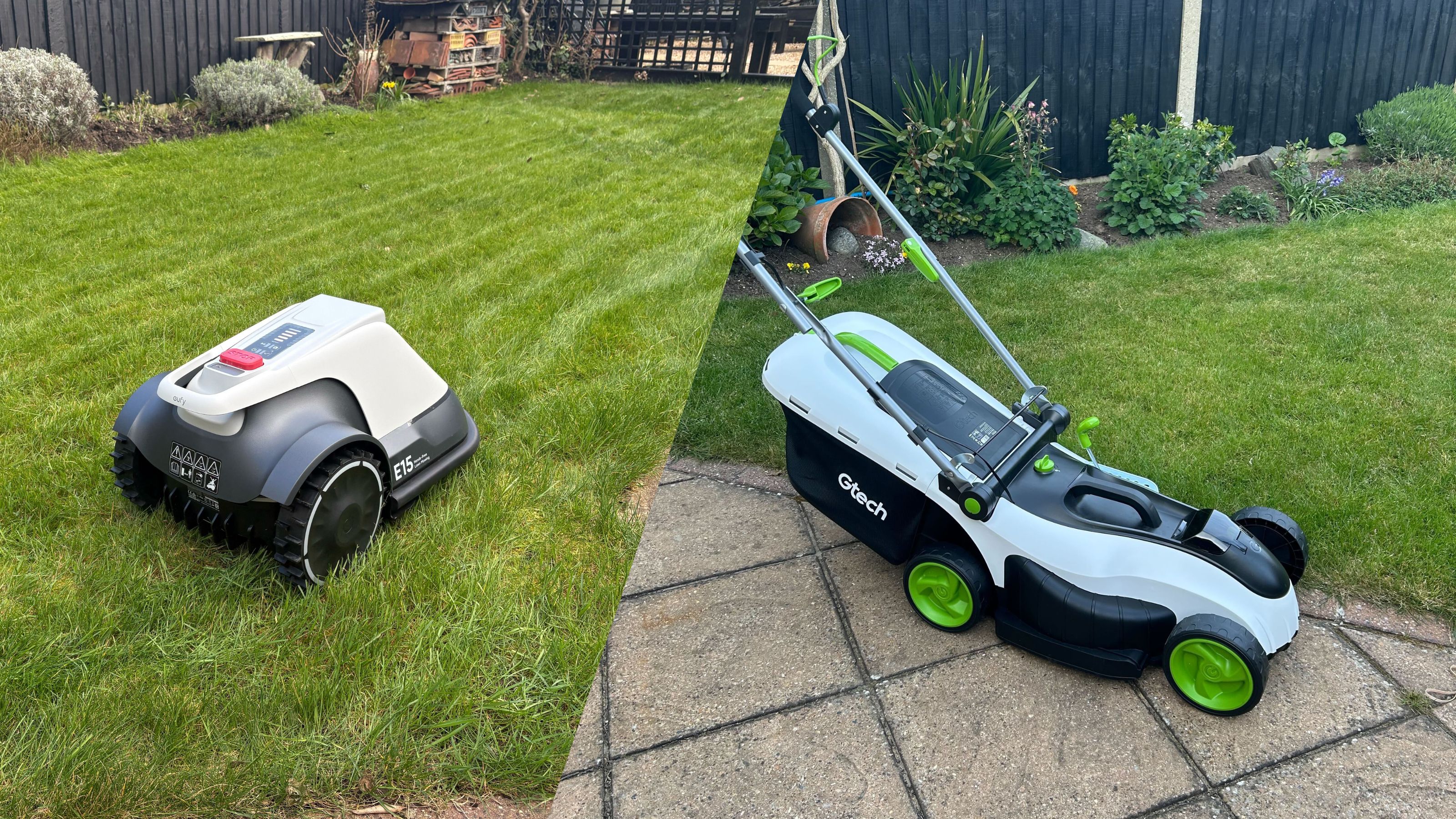 Side by side images of Eufy E15 Robot Lawn Mower and Gtech CLM50 Cordless Lawn Mower