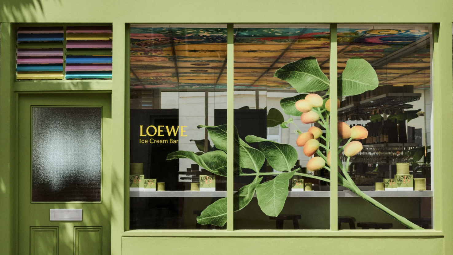 Pistachio coloured storefront of the Loewe Ice Cream Bar pop-up in Islington