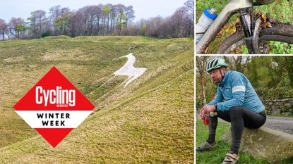 Collage shows a white horse carved into chalk, Steve&#039;s bike covered in mud, and Steve, looking tired and drinking coke